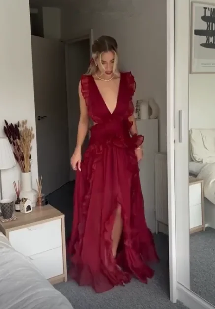 mini prom dressesBeautiful Burgundy Chiffon Ruffles Evening Dress Slit Prom Dress Y7715