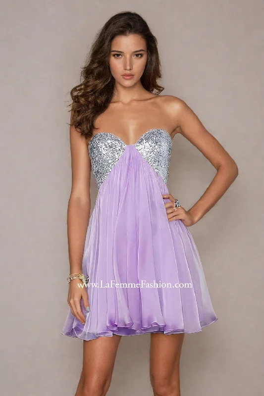 halter prom dressesLa Femme Short Strapless Prom Dress