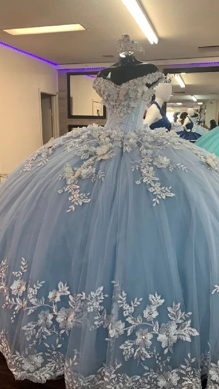 prom dresses with illusion panelsFairy Blue Princess Prom Dress Tulle Appliques Ball Gown Quinceanera Dress Y7838