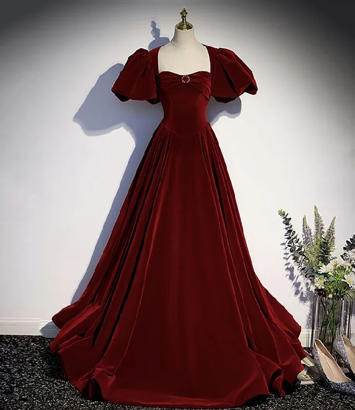 prom dresses with illusion panelsBurgundy velvet long prom dress evening dress Y6348