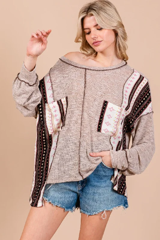 Casual SweatersTAUPE ROUND NECK BOHO CONTRAST SWEATER CFTEU13761PA