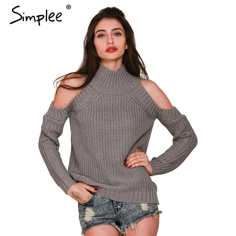 Designer Funky Hooded SweatersTurtleneck Off Shoulder Knitted Sweater