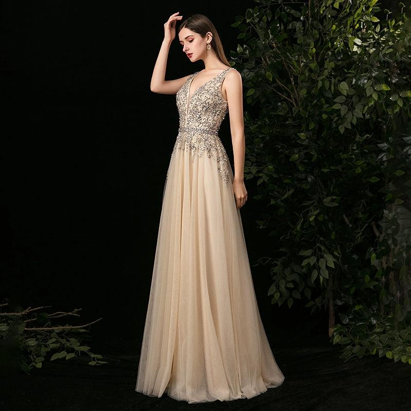 prom dresses with beaded accentsWomen's A-Line Evening Dress Sexy Prom Dresses Sleeveless Beaded V-Neck Formal Dresses