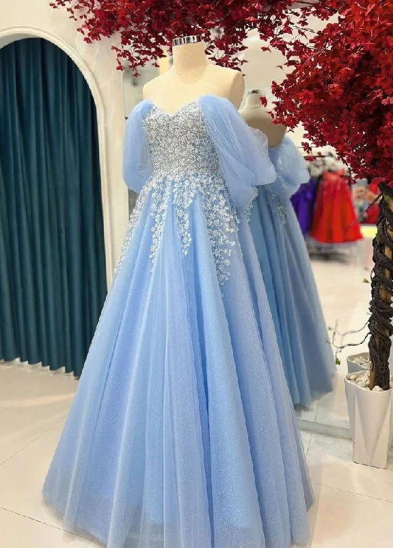 prom dresses for curve-hugging figuresWomen's Elegant Baby Blue Tulle Prom Dress, Off-the-shoulder floor length Dress Y7450