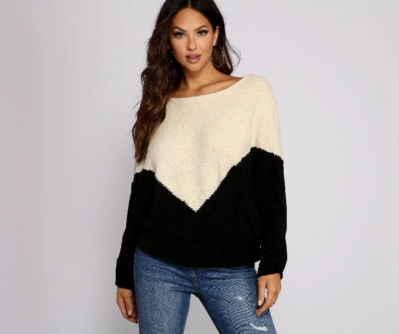 Colorful SweatersTwo Tone Chenille Boat Neck Sweater