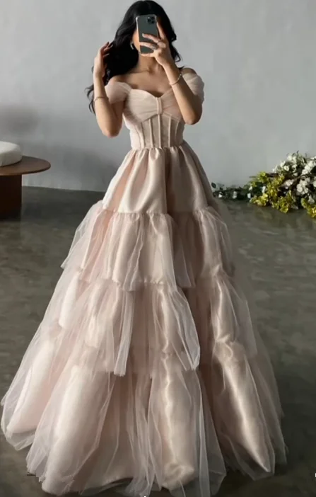 custom prom dressesElegant Tulle Satin Ball Gown Off The Shoulder Layered Prom Dress Y7633