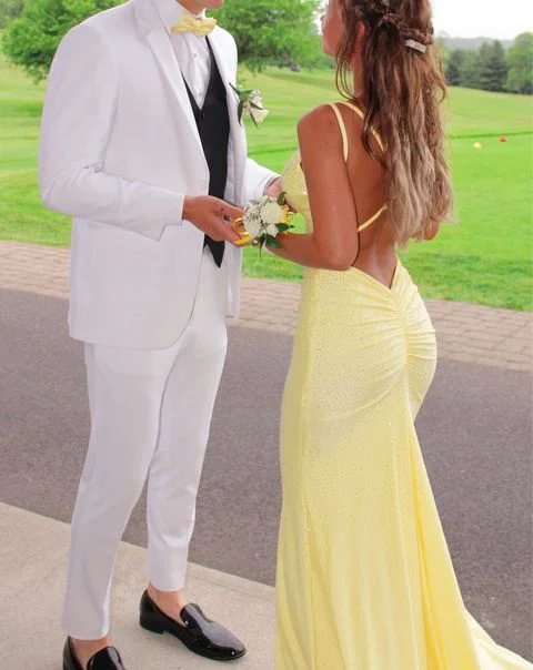 prom dresses with pocketsMermaid Yellow Long Prom Dresses, Backless Yellow Prom Dresses Formal Evening Dresses Y1562