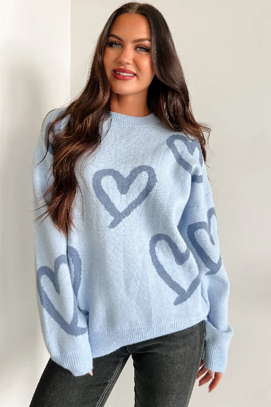 Dressy SweatersMy New Crush Heart Printed Knit Sweater (Blue)