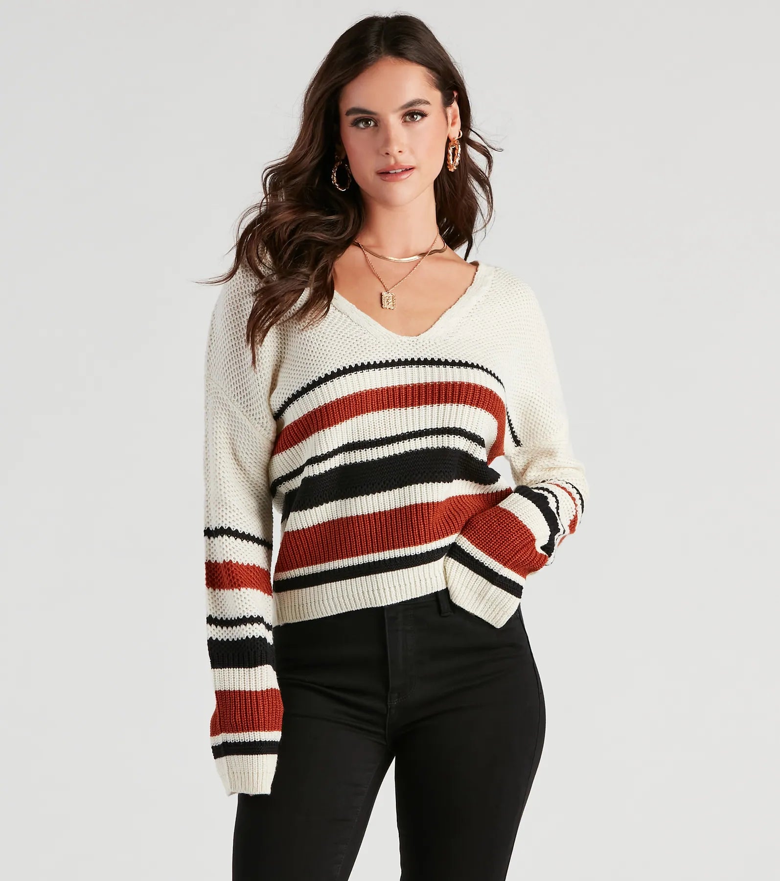 Flannel-Lined SweatersSassy Striped Lattice Back Knit Sweater