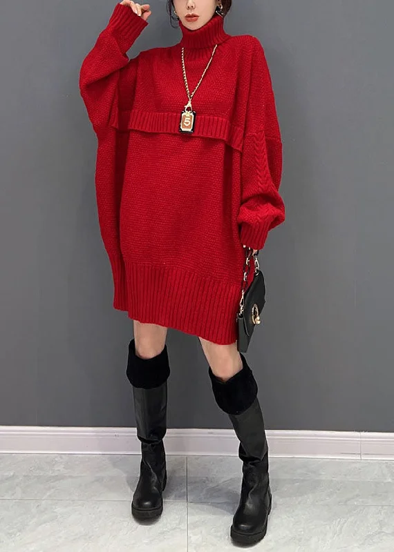 Elegant Hooded Cashmere SweatersFashion Red Hign Neck Oversized Thick Knit Sweaters Winter