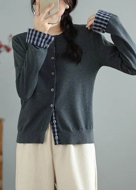 Fitted High-Quality Wool SweatersHandmade Grey O-Neck Patchwork Knit Cardigans Spring