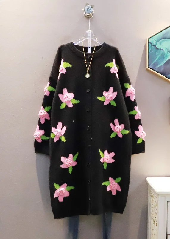 Discounted High-Quality Wool SweatersItalian Black O-Neck Floral Warm Knit Loose Cardigan Spring