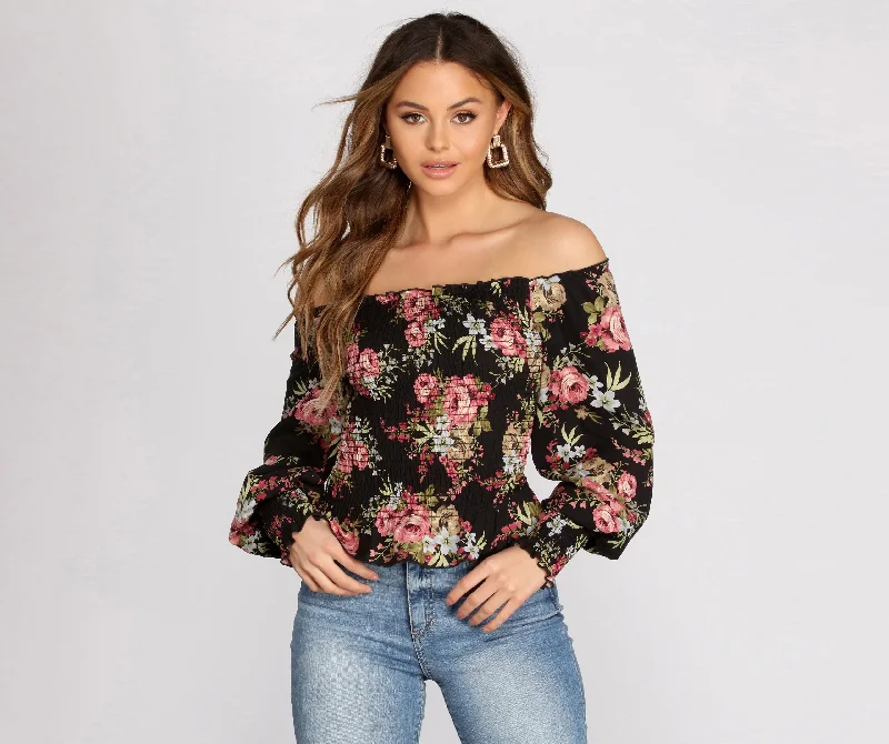 affordable women's topsFloral Focus Off The Shoulder Top