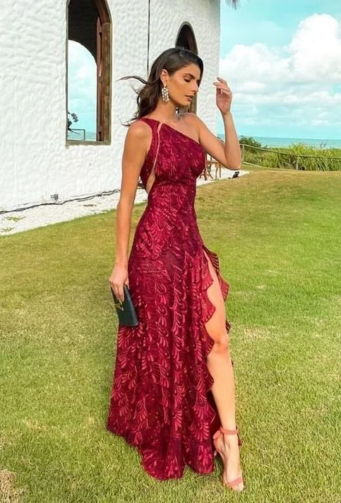 prom dress alterationsElegant One Shoulder Red Lace Prom Evening Dresses with Slit Y5293