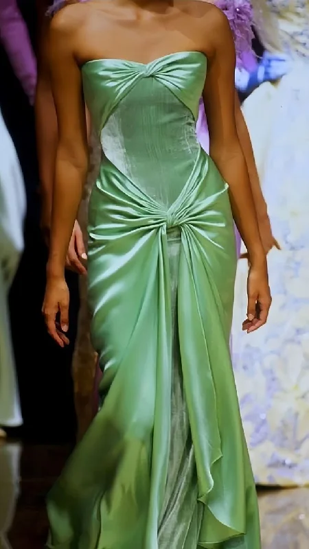 fitted prom dressesClassy Green Velvet Satin Prom Dress Strapless Evening Gown Y7725